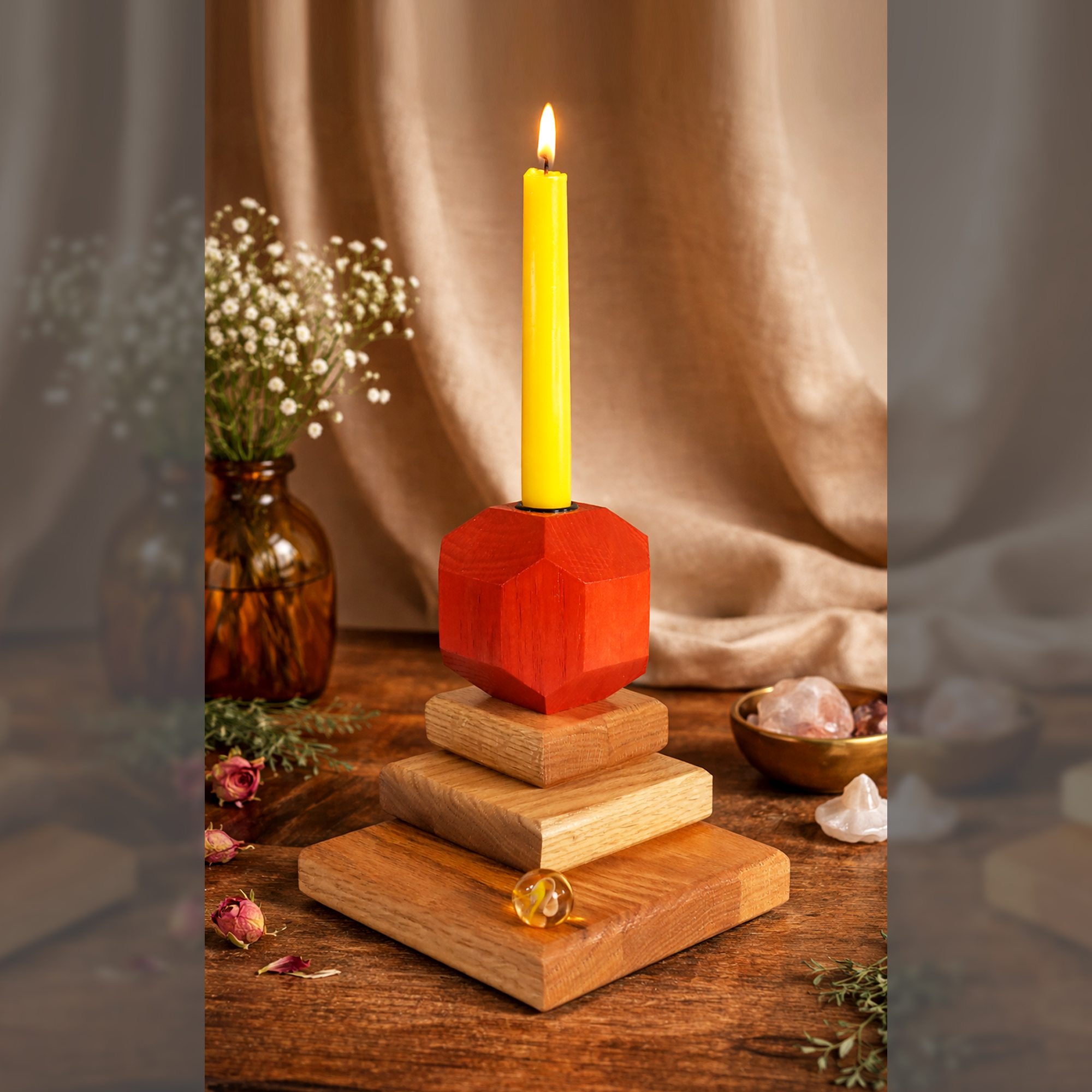 Primal Light – Fire & Facets Alters Collection – Red & White Oak, Hardwood Candlestick