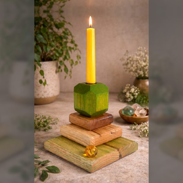 Spring Beacon – Fire & Facets Alters Collection – Red & White Oak, Hardwood Candlestick