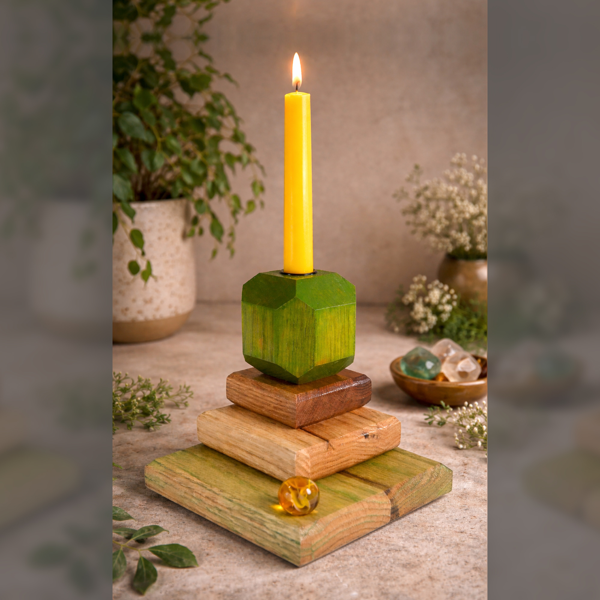 Spring Beacon – Fire & Facets Alters Collection – Red & White Oak, Hardwood Candlestick