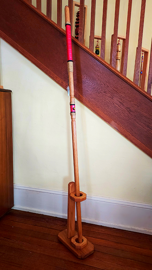 Walking Stick - ARES - 61" Red Oak - Red Crocodile grip, with custom Display Stand - Image 2