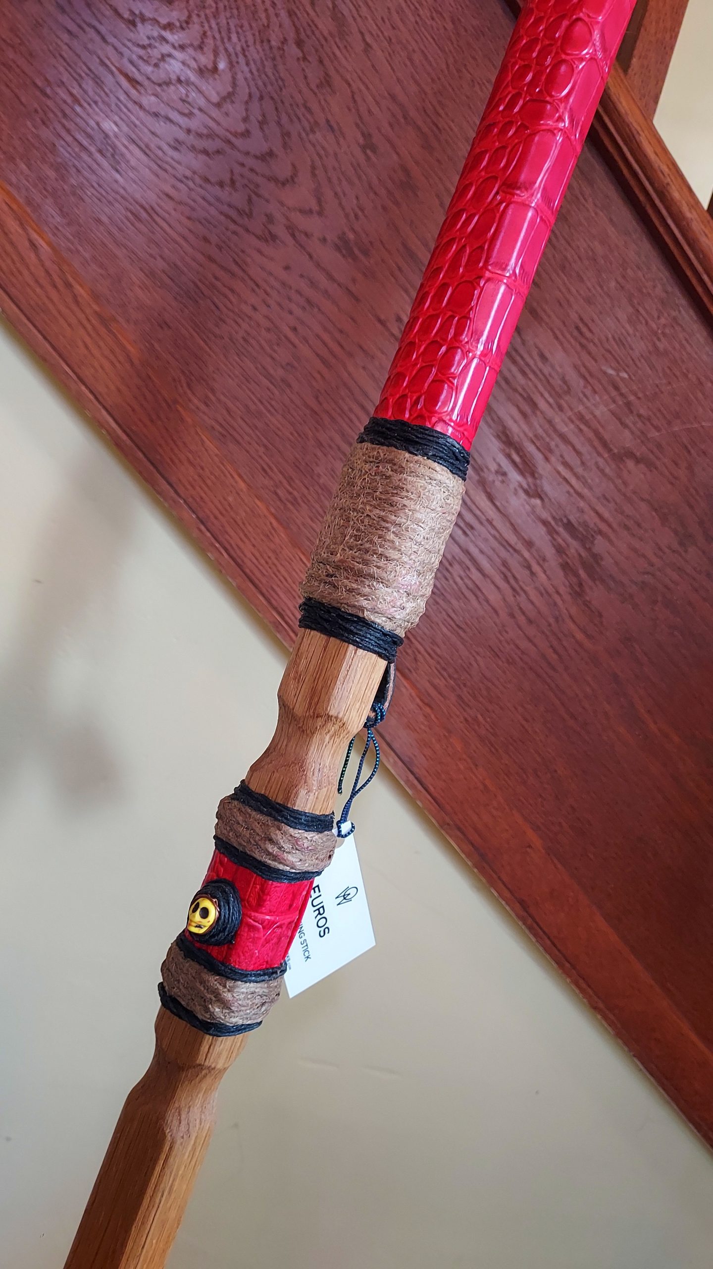 Walking Stick - EUROS - 49" White Oak - Red Crocodile grip, with custom Display Stand - Image 2