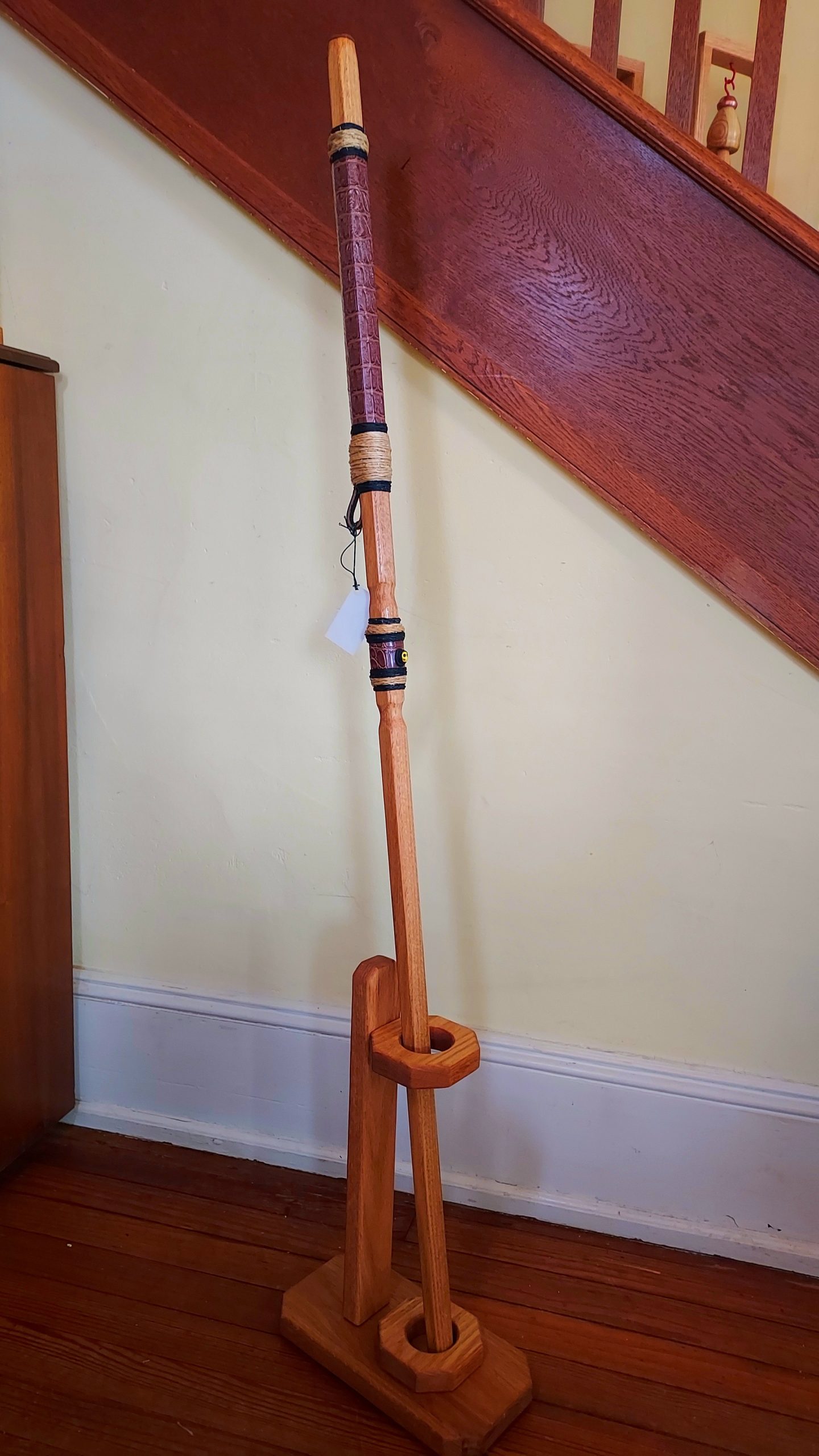 Walking Stick - LOKI - 51" Red Oak - Brown Crocodile grip, with custom Display Stand - Image 2