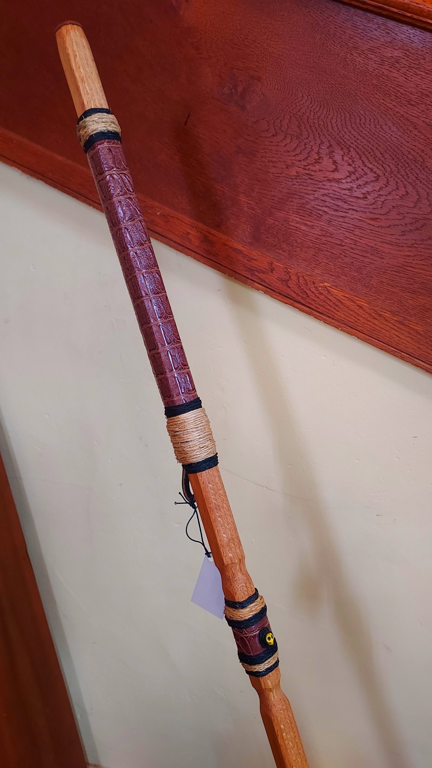 Walking Stick - LOKI - 51" Red Oak - Brown Crocodile grip, with custom Display Stand - Image 3